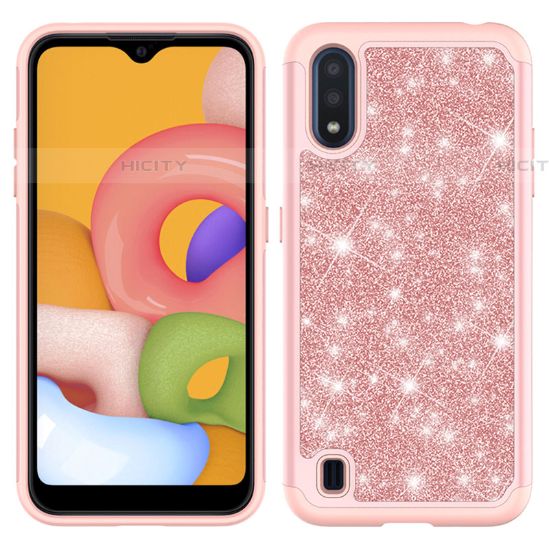 Silikon Hülle Handyhülle und Kunststoff Schutzhülle Hartschalen Tasche Vorder und Rückseite 360 Grad Ganzkörper Bling-Bling für Samsung Galaxy A01 SM-A015 Rosegold