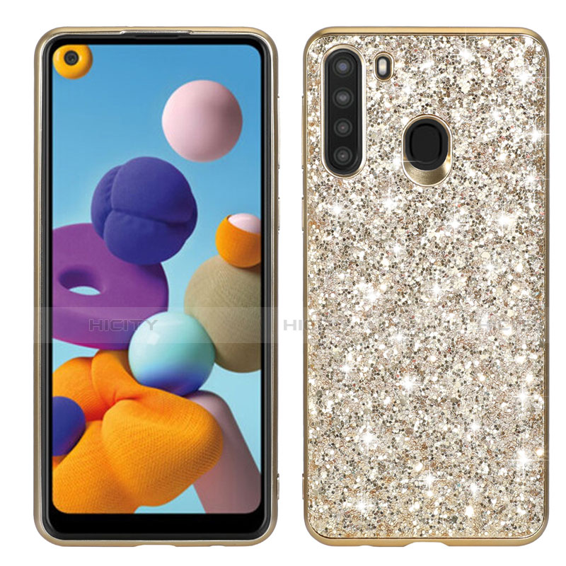 Silikon Hülle Handyhülle und Kunststoff Schutzhülle Hartschalen Tasche Vorder und Rückseite 360 Grad Ganzkörper Bling-Bling für Samsung Galaxy A21 Gold