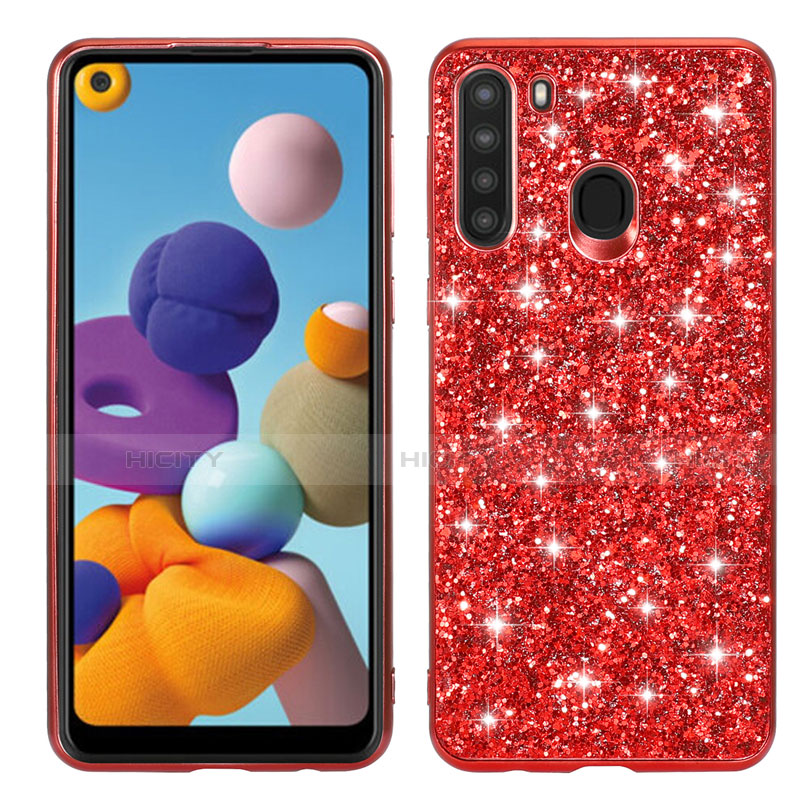 Silikon Hülle Handyhülle und Kunststoff Schutzhülle Hartschalen Tasche Vorder und Rückseite 360 Grad Ganzkörper Bling-Bling für Samsung Galaxy A21 Rot