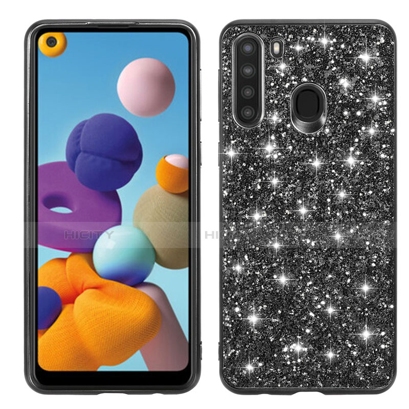 Silikon Hülle Handyhülle und Kunststoff Schutzhülle Hartschalen Tasche Vorder und Rückseite 360 Grad Ganzkörper Bling-Bling für Samsung Galaxy A21 Schwarz Plus