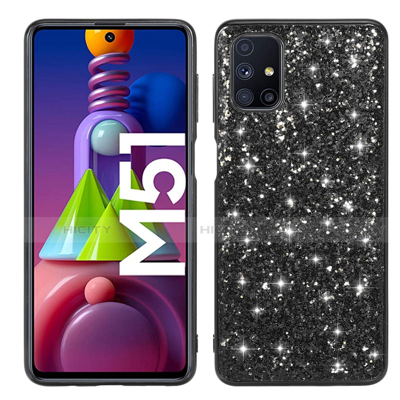 Silikon Hülle Handyhülle und Kunststoff Schutzhülle Hartschalen Tasche Vorder und Rückseite 360 Grad Ganzkörper Bling-Bling für Samsung Galaxy M51 Schwarz