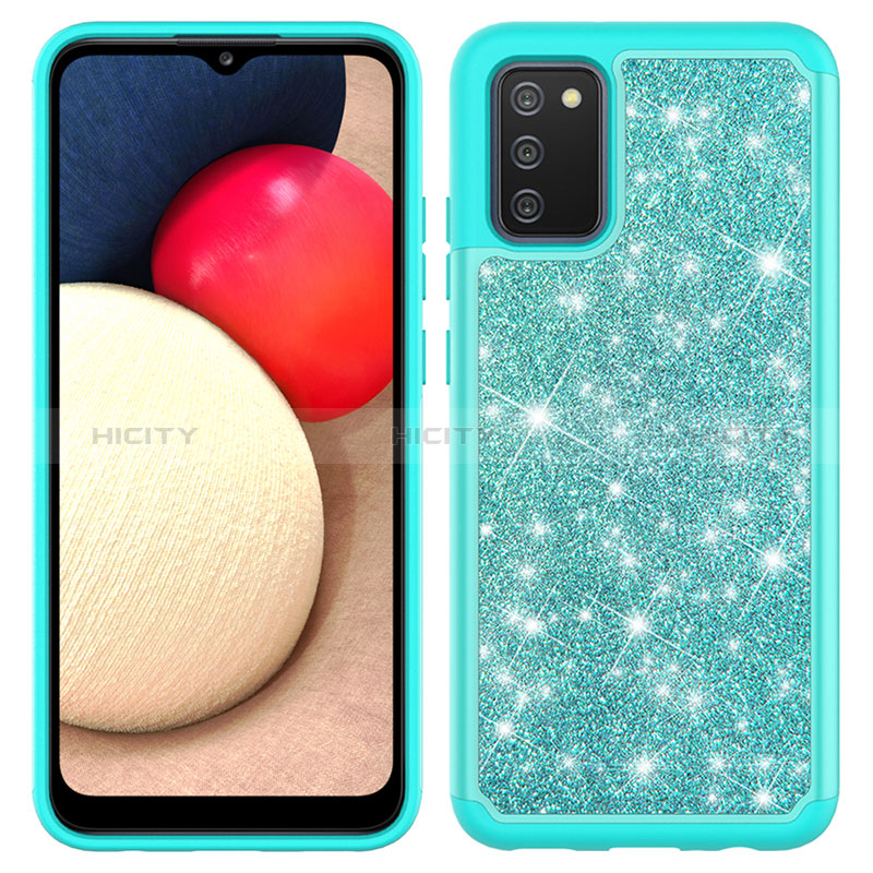 Silikon Hülle Handyhülle und Kunststoff Schutzhülle Hartschalen Tasche Vorder und Rückseite 360 Grad Ganzkörper Bling-Bling JX1 für Samsung Galaxy A02s Cyan Plus