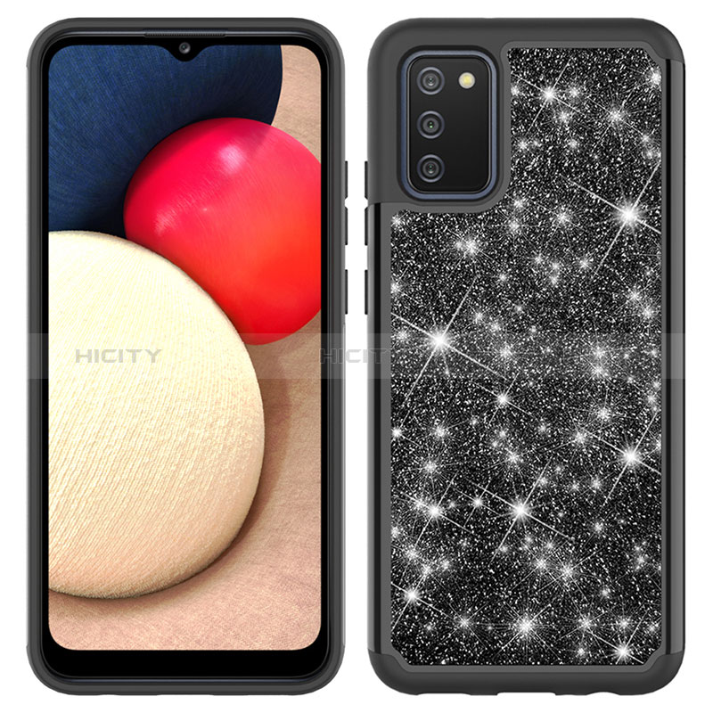 Silikon Hülle Handyhülle und Kunststoff Schutzhülle Hartschalen Tasche Vorder und Rückseite 360 Grad Ganzkörper Bling-Bling JX1 für Samsung Galaxy A02s Schwarz