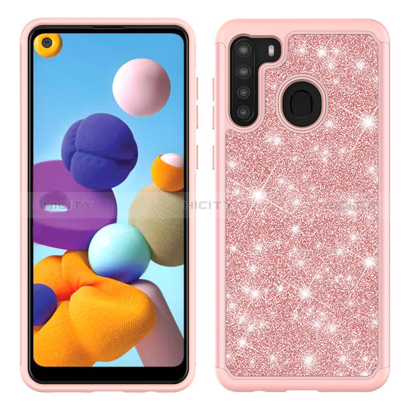 Silikon Hülle Handyhülle und Kunststoff Schutzhülle Hartschalen Tasche Vorder und Rückseite 360 Grad Ganzkörper Bling-Bling JX1 für Samsung Galaxy A21 Rosegold