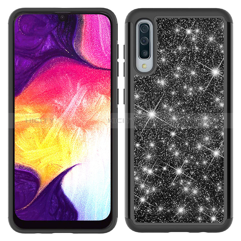 Silikon Hülle Handyhülle und Kunststoff Schutzhülle Hartschalen Tasche Vorder und Rückseite 360 Grad Ganzkörper Bling-Bling JX1 für Samsung Galaxy A50 Schwarz