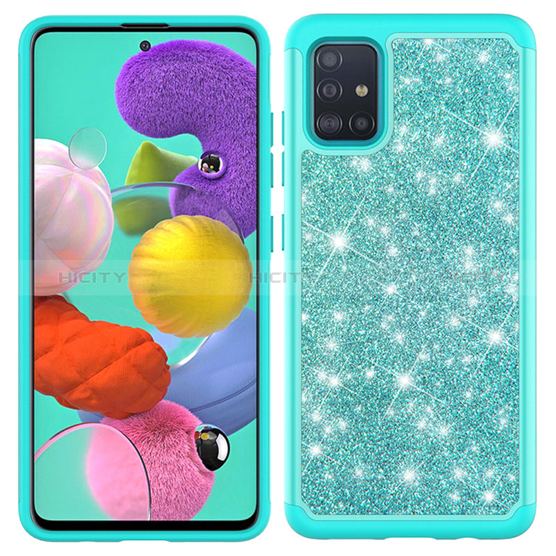 Silikon Hülle Handyhülle und Kunststoff Schutzhülle Hartschalen Tasche Vorder und Rückseite 360 Grad Ganzkörper Bling-Bling JX1 für Samsung Galaxy A51 4G Cyan