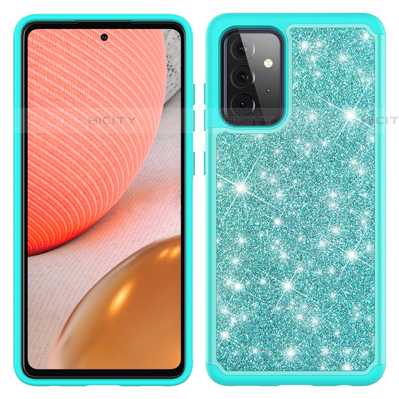 Silikon Hülle Handyhülle und Kunststoff Schutzhülle Hartschalen Tasche Vorder und Rückseite 360 Grad Ganzkörper Bling-Bling JX1 für Samsung Galaxy A72 4G Cyan