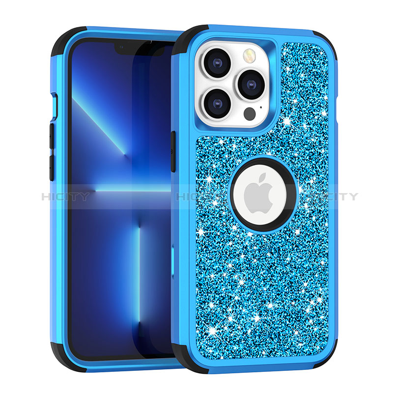 Silikon Hülle Handyhülle und Kunststoff Schutzhülle Hartschalen Tasche Vorder und Rückseite 360 Grad Ganzkörper Bling-Bling YJ1 für Apple iPhone 13 Pro Blau