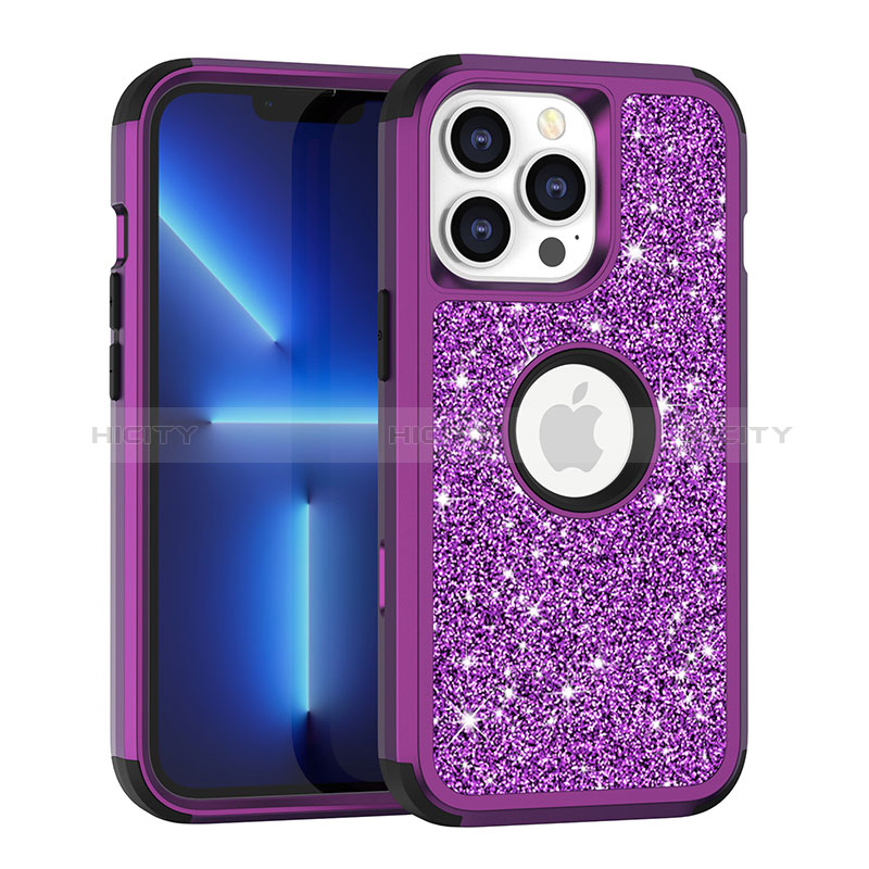 Silikon Hülle Handyhülle und Kunststoff Schutzhülle Hartschalen Tasche Vorder und Rückseite 360 Grad Ganzkörper Bling-Bling YJ1 für Apple iPhone 13 Pro Violett