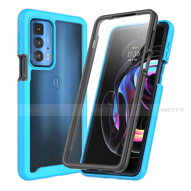 Silikon Hülle Handyhülle und Kunststoff Schutzhülle Hartschalen Tasche Vorder und Rückseite 360 Grad Ganzkörper für Motorola Moto Edge 20 Pro 5G Hellblau