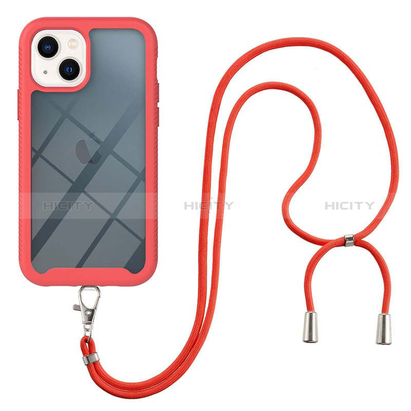 Silikon Hülle Handyhülle und Kunststoff Schutzhülle Hartschalen Tasche Vorder und Rückseite 360 Grad Ganzkörper mit Schlüsselband Lanyard für Apple iPhone 13