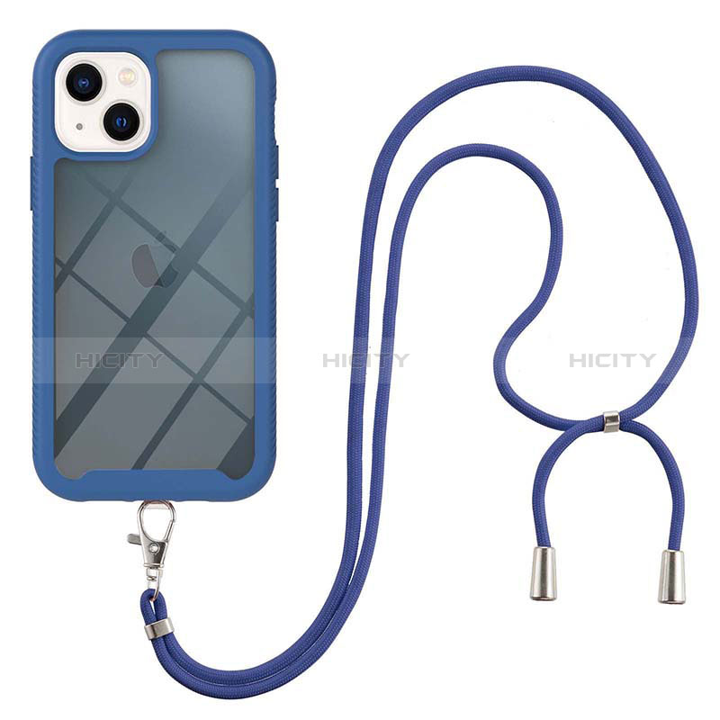 Silikon Hülle Handyhülle und Kunststoff Schutzhülle Hartschalen Tasche Vorder und Rückseite 360 Grad Ganzkörper mit Schlüsselband Lanyard für Apple iPhone 13