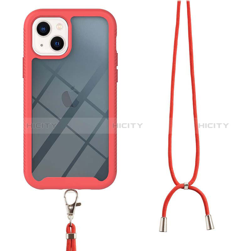 Silikon Hülle Handyhülle und Kunststoff Schutzhülle Hartschalen Tasche Vorder und Rückseite 360 Grad Ganzkörper mit Schlüsselband Lanyard für Apple iPhone 13