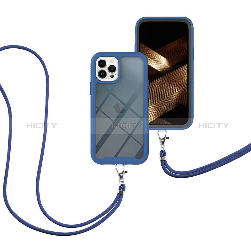 Silikon Hülle Handyhülle und Kunststoff Schutzhülle Hartschalen Tasche Vorder und Rückseite 360 Grad Ganzkörper mit Schlüsselband Lanyard für Apple iPhone 13 Pro Blau Plus