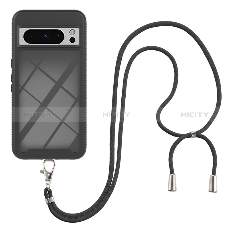 Silikon Hülle Handyhülle und Kunststoff Schutzhülle Hartschalen Tasche Vorder und Rückseite 360 Grad Ganzkörper mit Schlüsselband Lanyard für Google Pixel 8 Pro 5G groß