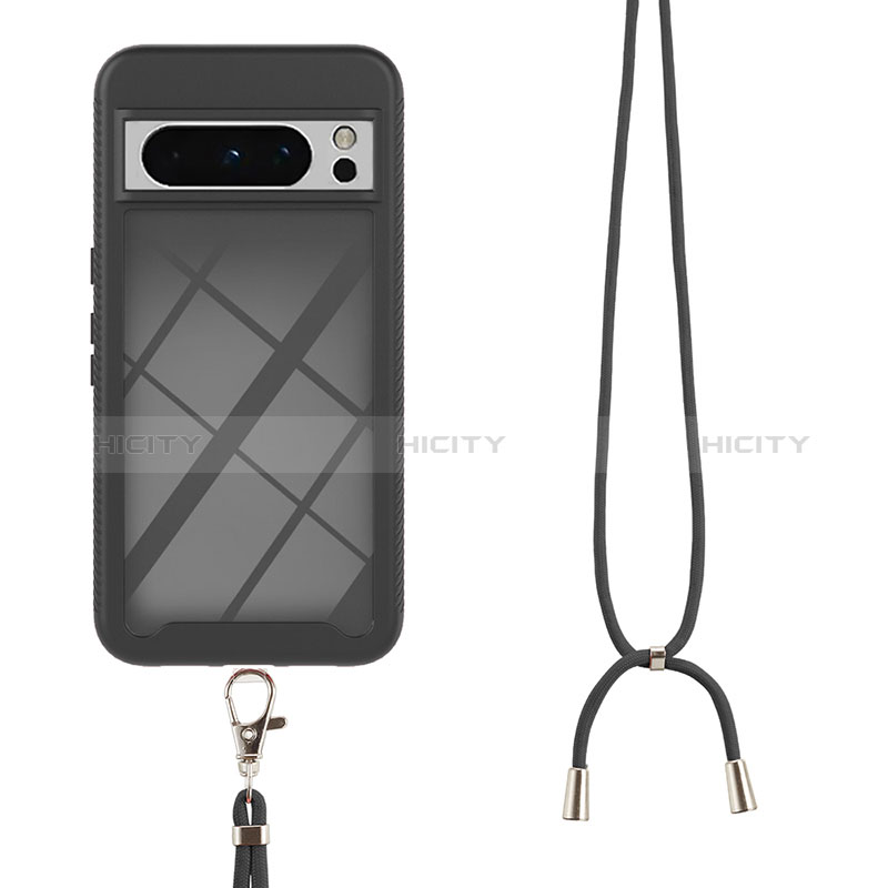 Silikon Hülle Handyhülle und Kunststoff Schutzhülle Hartschalen Tasche Vorder und Rückseite 360 Grad Ganzkörper mit Schlüsselband Lanyard für Google Pixel 8 Pro 5G groß