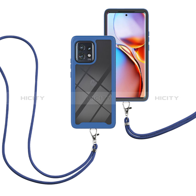 Silikon Hülle Handyhülle und Kunststoff Schutzhülle Hartschalen Tasche Vorder und Rückseite 360 Grad Ganzkörper mit Schlüsselband Lanyard für Motorola Moto Edge 40 Pro 5G Blau