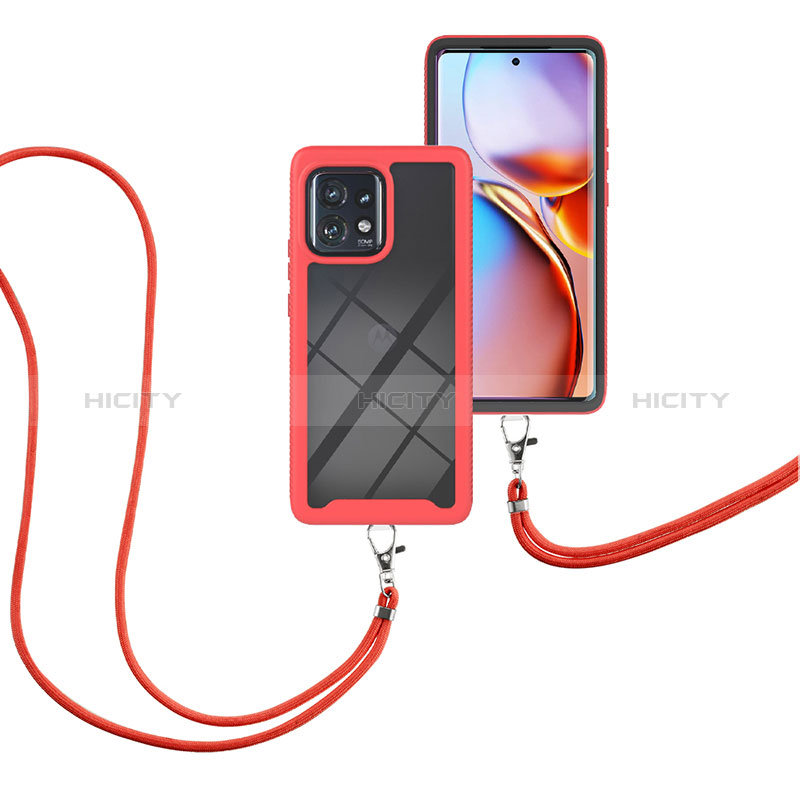 Silikon Hülle Handyhülle und Kunststoff Schutzhülle Hartschalen Tasche Vorder und Rückseite 360 Grad Ganzkörper mit Schlüsselband Lanyard für Motorola Moto Edge 40 Pro 5G Rot Plus