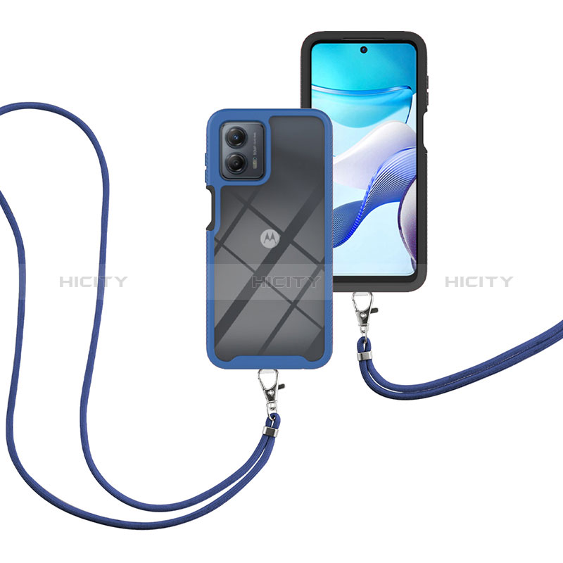 Silikon Hülle Handyhülle und Kunststoff Schutzhülle Hartschalen Tasche Vorder und Rückseite 360 Grad Ganzkörper mit Schlüsselband Lanyard für Motorola Moto G 5G (2023) Blau Plus