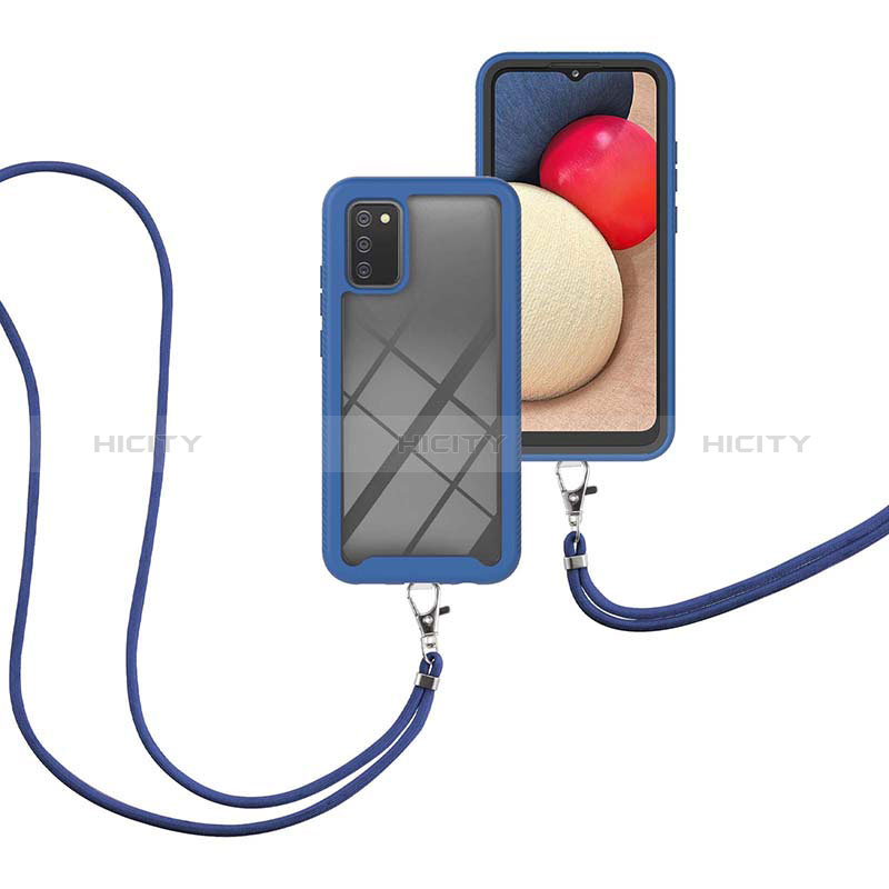 Silikon Hülle Handyhülle und Kunststoff Schutzhülle Hartschalen Tasche Vorder und Rückseite 360 Grad Ganzkörper mit Schlüsselband Lanyard für Samsung Galaxy A02s Blau Plus