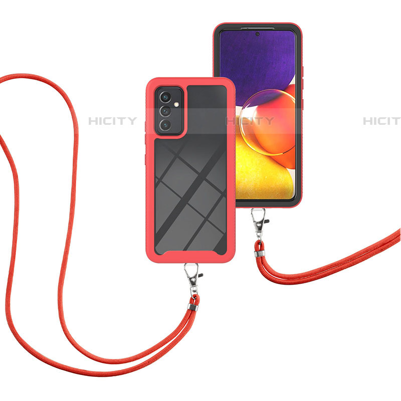 Silikon Hülle Handyhülle und Kunststoff Schutzhülle Hartschalen Tasche Vorder und Rückseite 360 Grad Ganzkörper mit Schlüsselband Lanyard für Samsung Galaxy A05s Rot