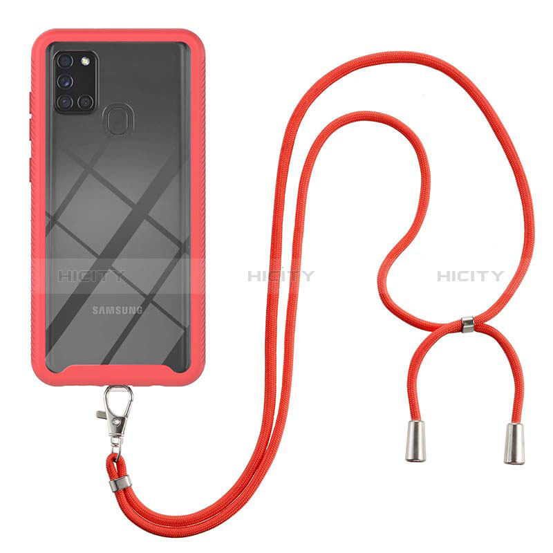 Silikon Hülle Handyhülle und Kunststoff Schutzhülle Hartschalen Tasche Vorder und Rückseite 360 Grad Ganzkörper mit Schlüsselband Lanyard für Samsung Galaxy A21s