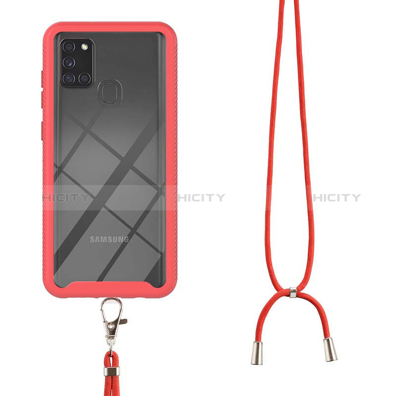 Silikon Hülle Handyhülle und Kunststoff Schutzhülle Hartschalen Tasche Vorder und Rückseite 360 Grad Ganzkörper mit Schlüsselband Lanyard für Samsung Galaxy A21s