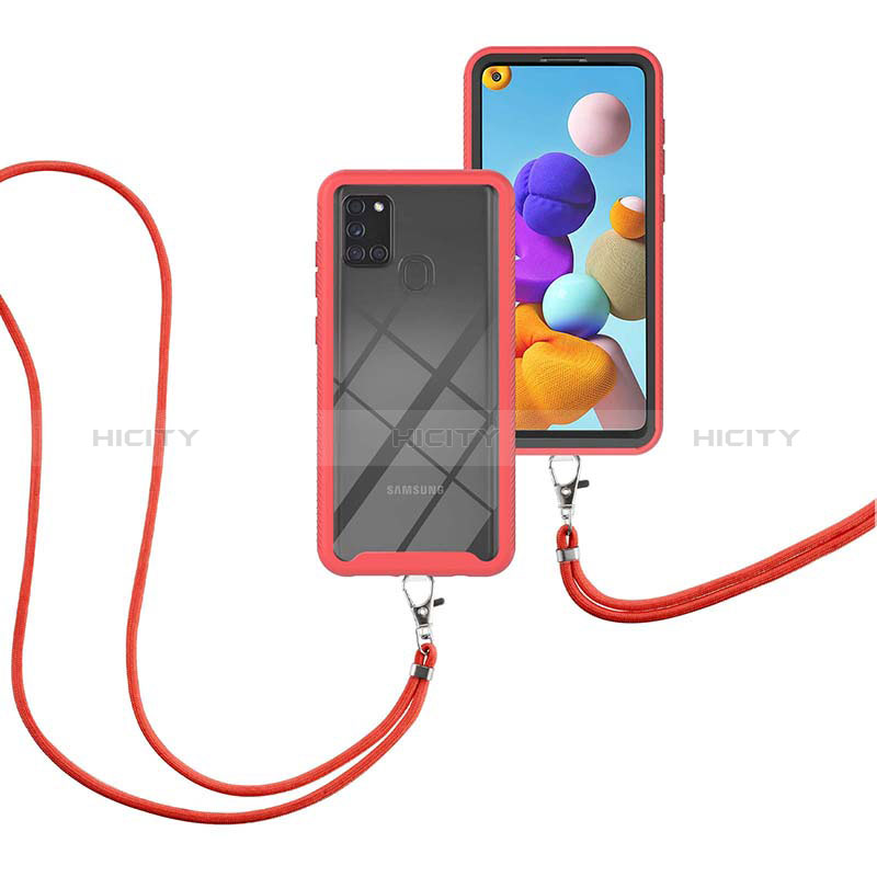 Silikon Hülle Handyhülle und Kunststoff Schutzhülle Hartschalen Tasche Vorder und Rückseite 360 Grad Ganzkörper mit Schlüsselband Lanyard für Samsung Galaxy A21s Rot