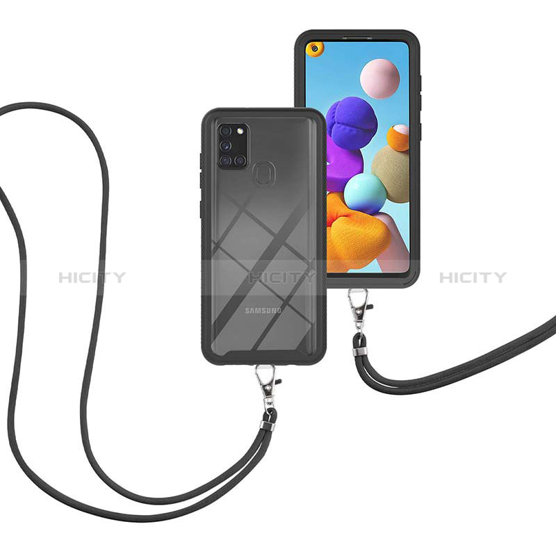 Silikon Hülle Handyhülle und Kunststoff Schutzhülle Hartschalen Tasche Vorder und Rückseite 360 Grad Ganzkörper mit Schlüsselband Lanyard für Samsung Galaxy A21s Schwarz