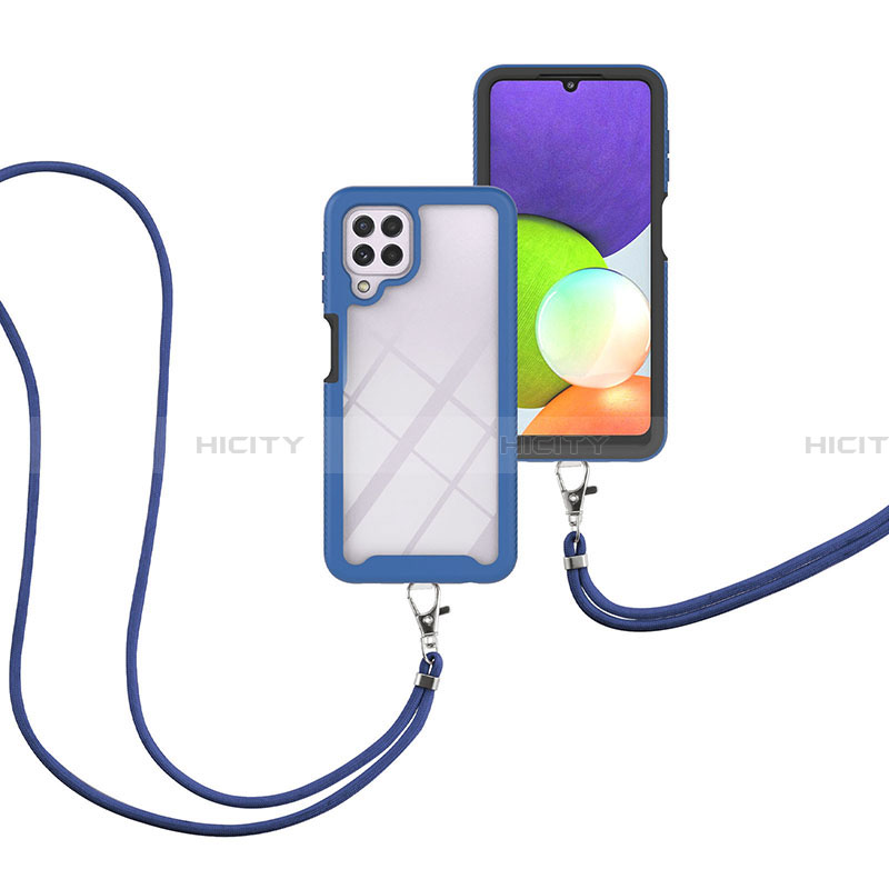 Silikon Hülle Handyhülle und Kunststoff Schutzhülle Hartschalen Tasche Vorder und Rückseite 360 Grad Ganzkörper mit Schlüsselband Lanyard für Samsung Galaxy A22 4G