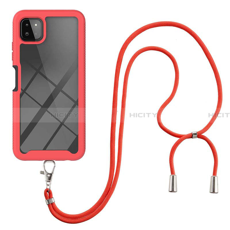 Silikon Hülle Handyhülle und Kunststoff Schutzhülle Hartschalen Tasche Vorder und Rückseite 360 Grad Ganzkörper mit Schlüsselband Lanyard für Samsung Galaxy A22 5G groß