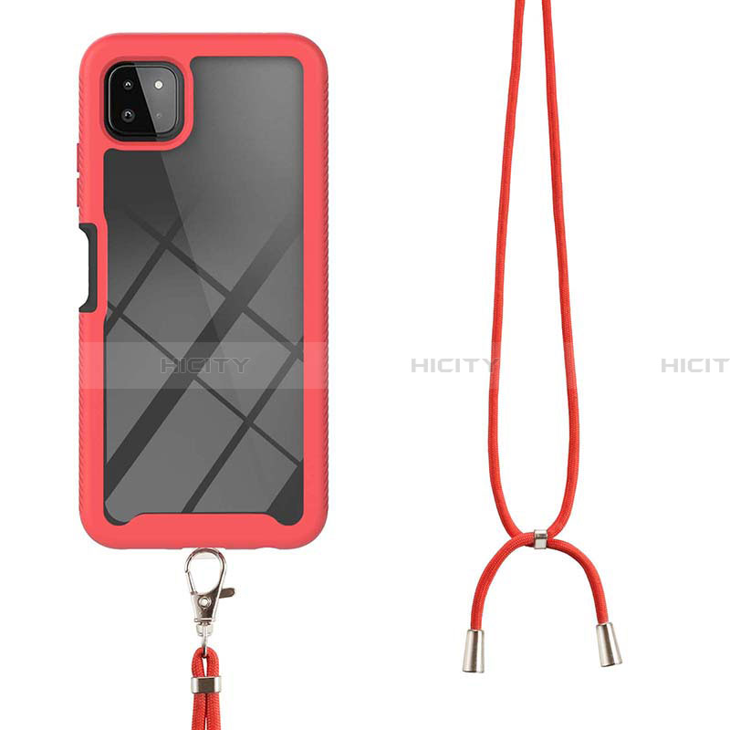 Silikon Hülle Handyhülle und Kunststoff Schutzhülle Hartschalen Tasche Vorder und Rückseite 360 Grad Ganzkörper mit Schlüsselband Lanyard für Samsung Galaxy A22 5G groß