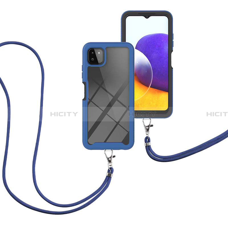 Silikon Hülle Handyhülle und Kunststoff Schutzhülle Hartschalen Tasche Vorder und Rückseite 360 Grad Ganzkörper mit Schlüsselband Lanyard für Samsung Galaxy A22 5G Blau Plus