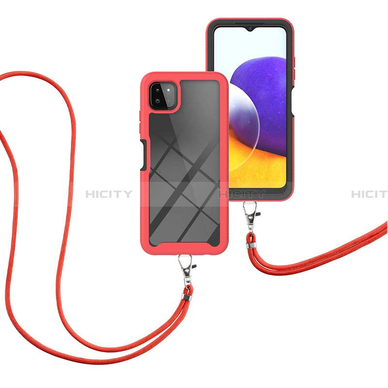 Silikon Hülle Handyhülle und Kunststoff Schutzhülle Hartschalen Tasche Vorder und Rückseite 360 Grad Ganzkörper mit Schlüsselband Lanyard für Samsung Galaxy A22 5G Rot Plus