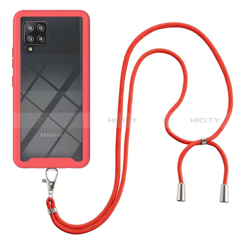 Silikon Hülle Handyhülle und Kunststoff Schutzhülle Hartschalen Tasche Vorder und Rückseite 360 Grad Ganzkörper mit Schlüsselband Lanyard für Samsung Galaxy A42 5G