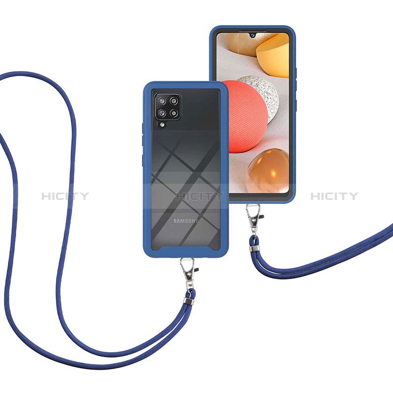 Silikon Hülle Handyhülle und Kunststoff Schutzhülle Hartschalen Tasche Vorder und Rückseite 360 Grad Ganzkörper mit Schlüsselband Lanyard für Samsung Galaxy A42 5G Blau