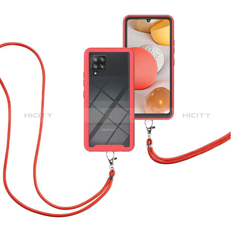 Silikon Hülle Handyhülle und Kunststoff Schutzhülle Hartschalen Tasche Vorder und Rückseite 360 Grad Ganzkörper mit Schlüsselband Lanyard für Samsung Galaxy A42 5G Rot