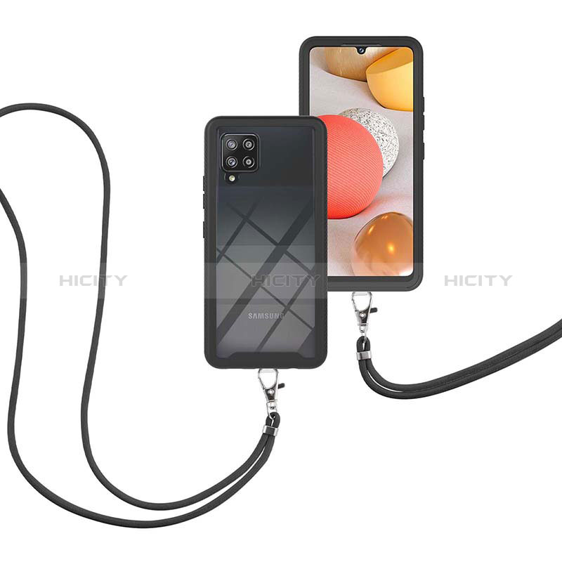 Silikon Hülle Handyhülle und Kunststoff Schutzhülle Hartschalen Tasche Vorder und Rückseite 360 Grad Ganzkörper mit Schlüsselband Lanyard für Samsung Galaxy A42 5G Schwarz