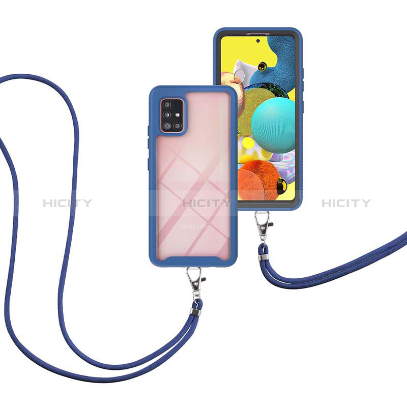 Silikon Hülle Handyhülle und Kunststoff Schutzhülle Hartschalen Tasche Vorder und Rückseite 360 Grad Ganzkörper mit Schlüsselband Lanyard für Samsung Galaxy A51 4G Blau Plus