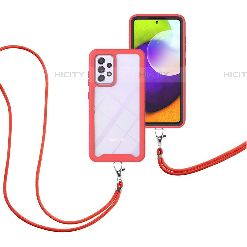 Silikon Hülle Handyhülle und Kunststoff Schutzhülle Hartschalen Tasche Vorder und Rückseite 360 Grad Ganzkörper mit Schlüsselband Lanyard für Samsung Galaxy A52 4G groß