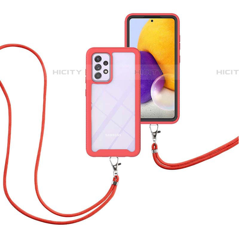 Silikon Hülle Handyhülle und Kunststoff Schutzhülle Hartschalen Tasche Vorder und Rückseite 360 Grad Ganzkörper mit Schlüsselband Lanyard für Samsung Galaxy A72 4G Rot Plus