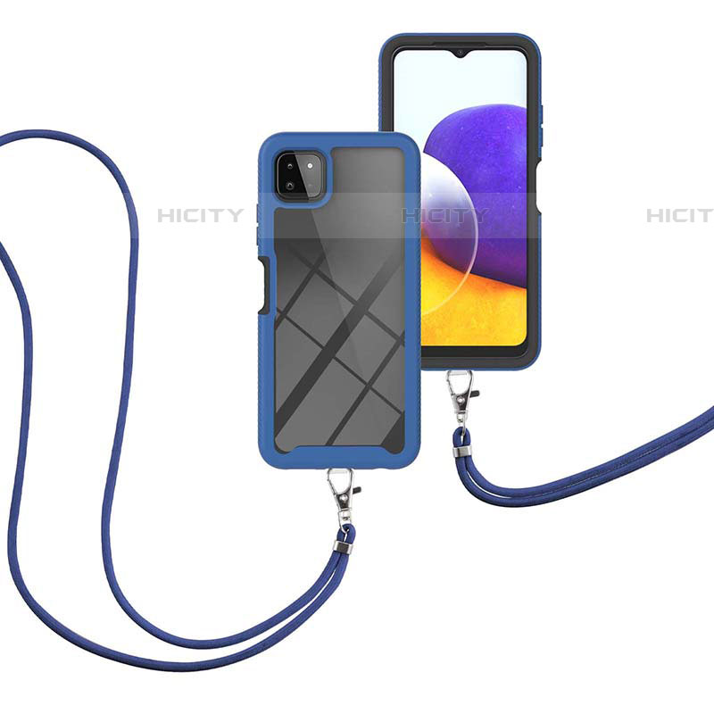 Silikon Hülle Handyhülle und Kunststoff Schutzhülle Hartschalen Tasche Vorder und Rückseite 360 Grad Ganzkörper mit Schlüsselband Lanyard für Samsung Galaxy F42 5G Blau Plus