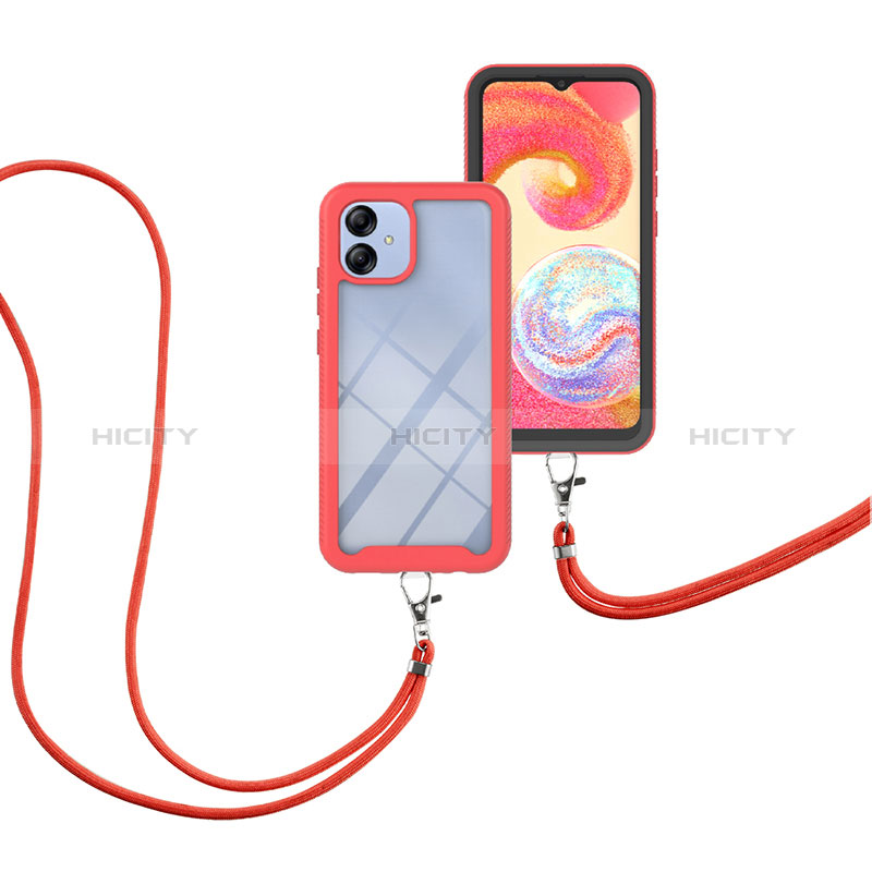 Silikon Hülle Handyhülle und Kunststoff Schutzhülle Hartschalen Tasche Vorder und Rückseite 360 Grad Ganzkörper mit Schlüsselband Lanyard für Samsung Galaxy M04 Rot