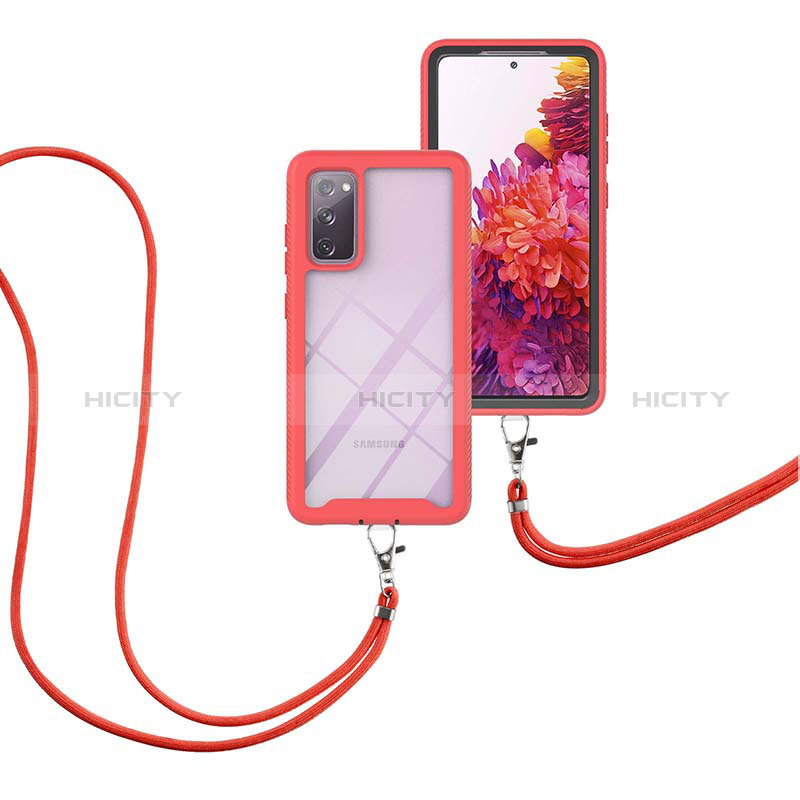 Silikon Hülle Handyhülle und Kunststoff Schutzhülle Hartschalen Tasche Vorder und Rückseite 360 Grad Ganzkörper mit Schlüsselband Lanyard für Samsung Galaxy S20 FE (2022) 5G Rot