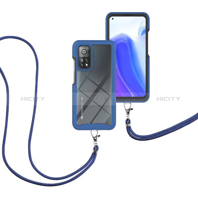 Silikon Hülle Handyhülle und Kunststoff Schutzhülle Hartschalen Tasche Vorder und Rückseite 360 Grad Ganzkörper mit Schlüsselband Lanyard für Xiaomi Mi 10T 5G Blau