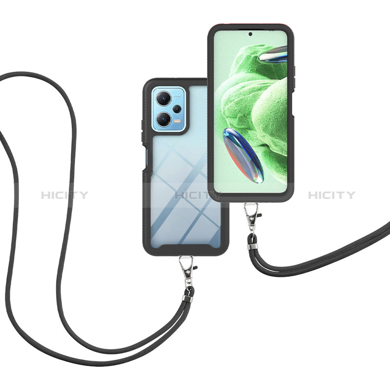 Silikon Hülle Handyhülle und Kunststoff Schutzhülle Hartschalen Tasche Vorder und Rückseite 360 Grad Ganzkörper mit Schlüsselband Lanyard für Xiaomi Poco X5 5G Schwarz
