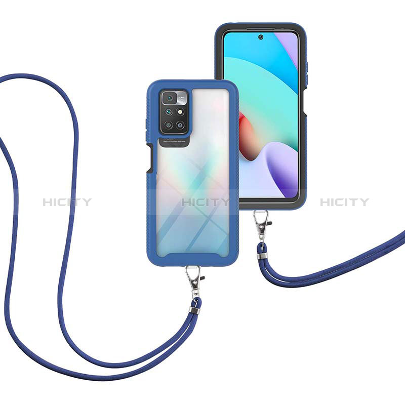 Silikon Hülle Handyhülle und Kunststoff Schutzhülle Hartschalen Tasche Vorder und Rückseite 360 Grad Ganzkörper mit Schlüsselband Lanyard für Xiaomi Redmi 10 (2022) Blau Plus