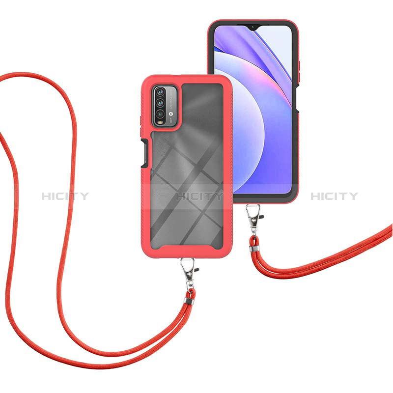 Silikon Hülle Handyhülle und Kunststoff Schutzhülle Hartschalen Tasche Vorder und Rückseite 360 Grad Ganzkörper mit Schlüsselband Lanyard für Xiaomi Redmi 9 Power groß