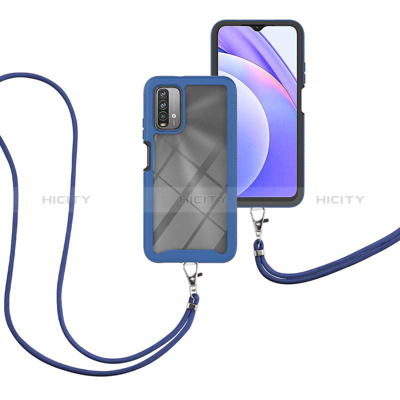 Silikon Hülle Handyhülle und Kunststoff Schutzhülle Hartschalen Tasche Vorder und Rückseite 360 Grad Ganzkörper mit Schlüsselband Lanyard für Xiaomi Redmi 9 Power