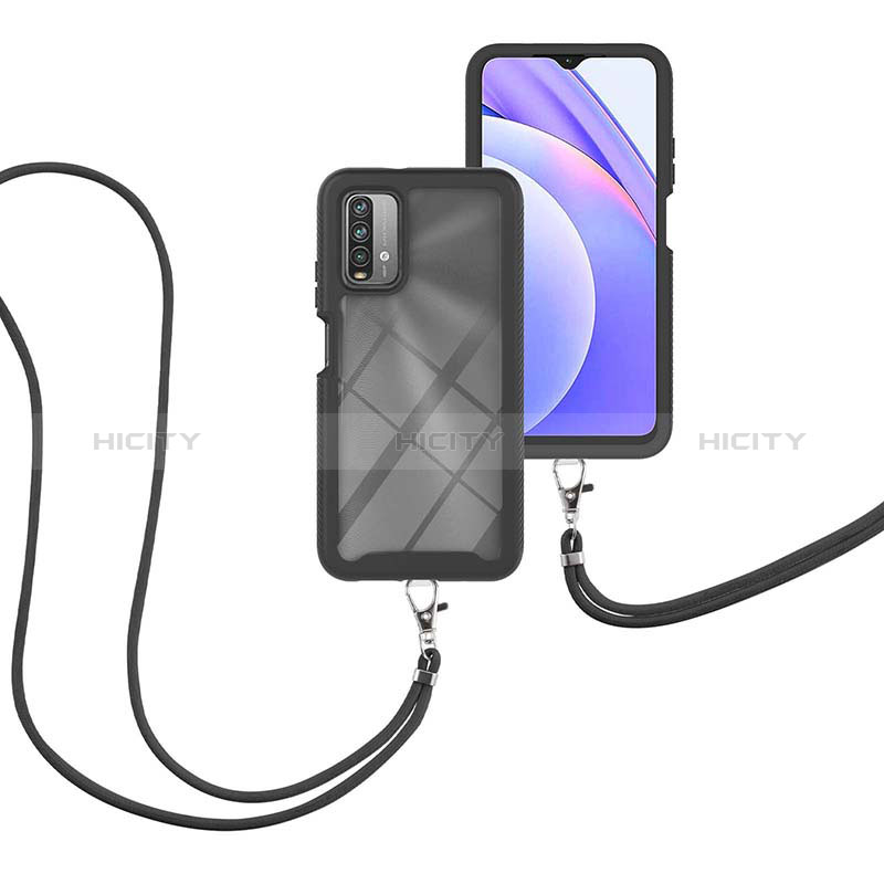 Silikon Hülle Handyhülle und Kunststoff Schutzhülle Hartschalen Tasche Vorder und Rückseite 360 Grad Ganzkörper mit Schlüsselband Lanyard für Xiaomi Redmi 9T 4G Schwarz